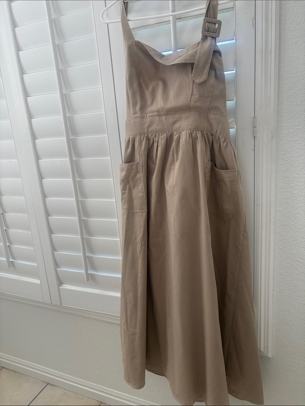 Smocked Strap Midi Dress in Beige